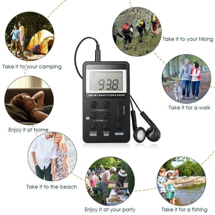 HRD-103 FM + AM Two Band Portable Radio with Lanyard & Headset(Black)
