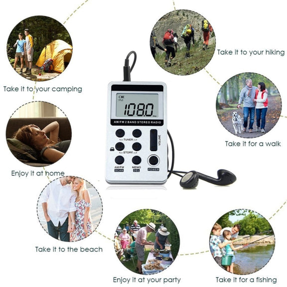 HRD-103 FM + AM Two Band Portable Radio with Lanyard & Headset(Silver)