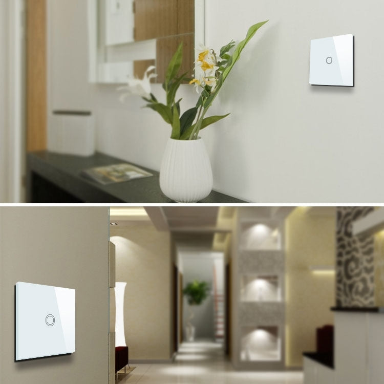 86mm 1 Gang Tempered Glass Panel Wall Switch Smart Home Light Touch Switch with RF433 Remote Controller, AC 110V-240V(White)