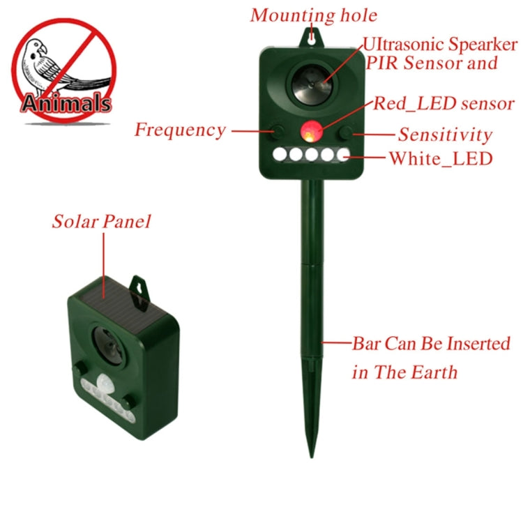 Environmental Friendly White + Red Light Solar-powered LED Ultrasonic Animal Repeller Bird Cat Dog Control Device With 6.5V / 0.1W Solar Panel & PIR Sensor & Light Sensor, Got the CE / ROHS Certification
