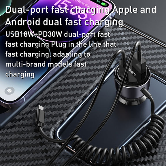 Yesido Y57 50W PD + QC3.0 Dual Port Car Charger with 8 Pin Spring Data Cable