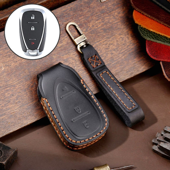 For Chevrolet 3-button Hallmo Car Cowhide Leather Key Protective Cover Key Case(Black)