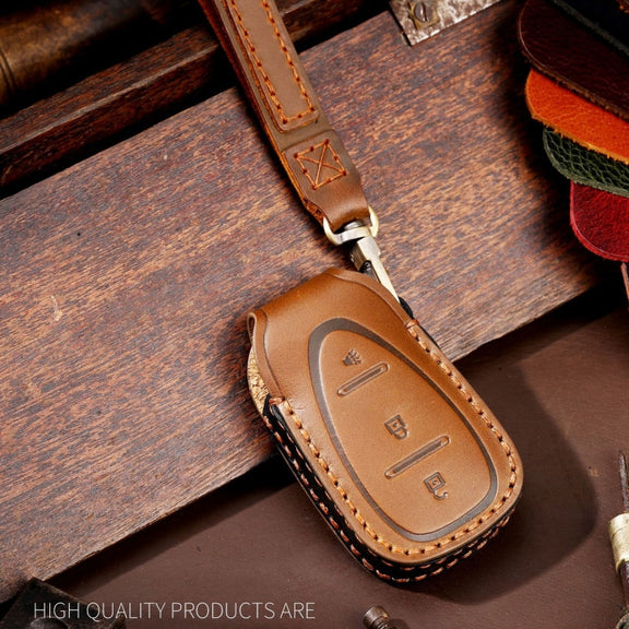 For Chevrolet 3-button Hallmo Car Cowhide Leather Key Protective Cover Key Case(Brown)