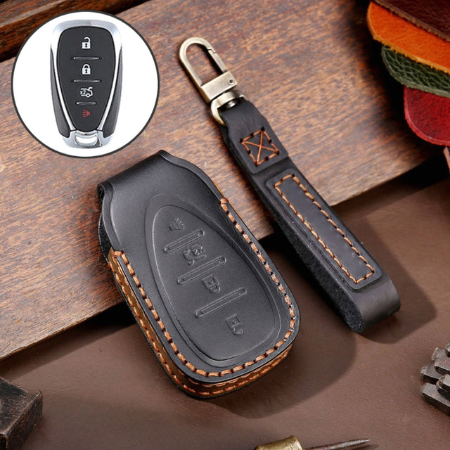 For Chevrolet 4-button Hallmo Car Cowhide Leather Key Protective Cover Key Case(Black)