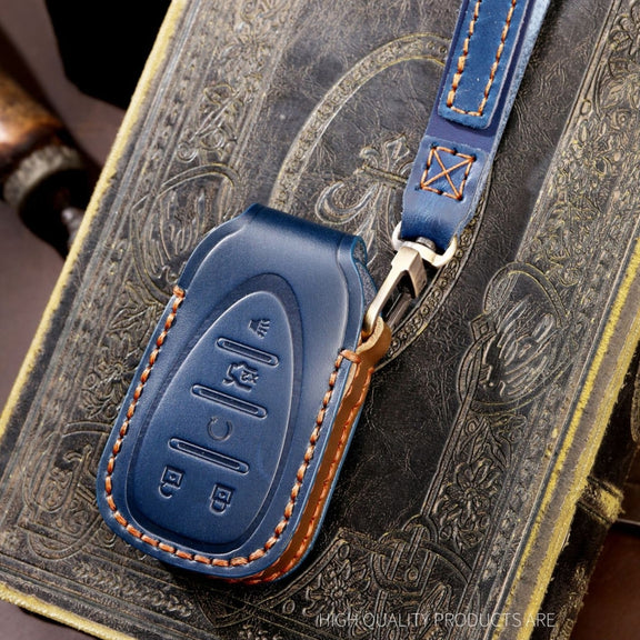 For Chevrolet 5-button Hallmo Car Cowhide Leather Key Protective Cover Key Case(Blue)