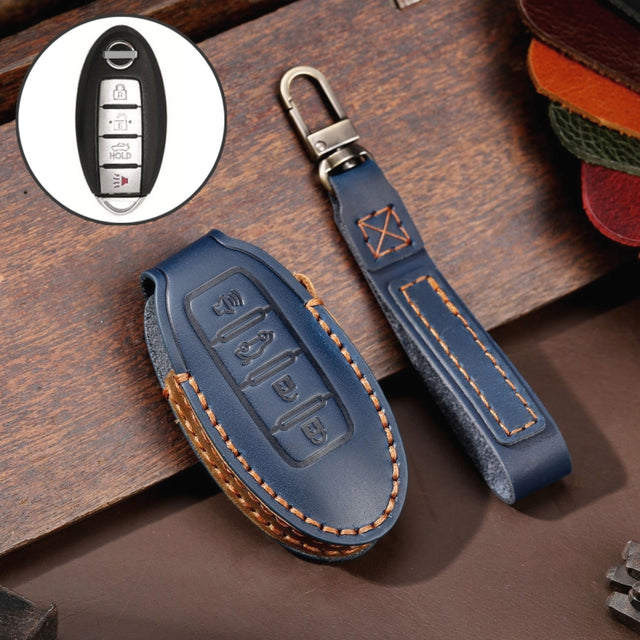 For Nissan 4-button Horn Hallmo Car Cowhide Leather Key Protective Cover Key Case(Blue)