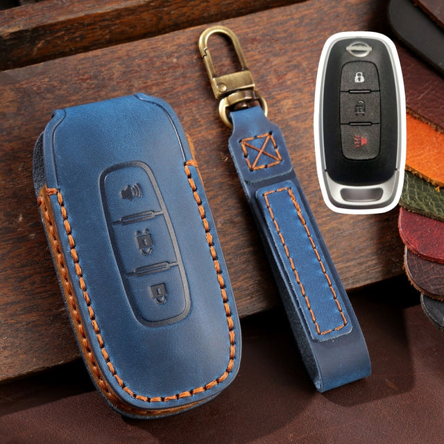 For Nissan Teana / Ariya 3-button Horn Hallmo Car Cowhide Leather Key Protective Cover Key Case(Blue)