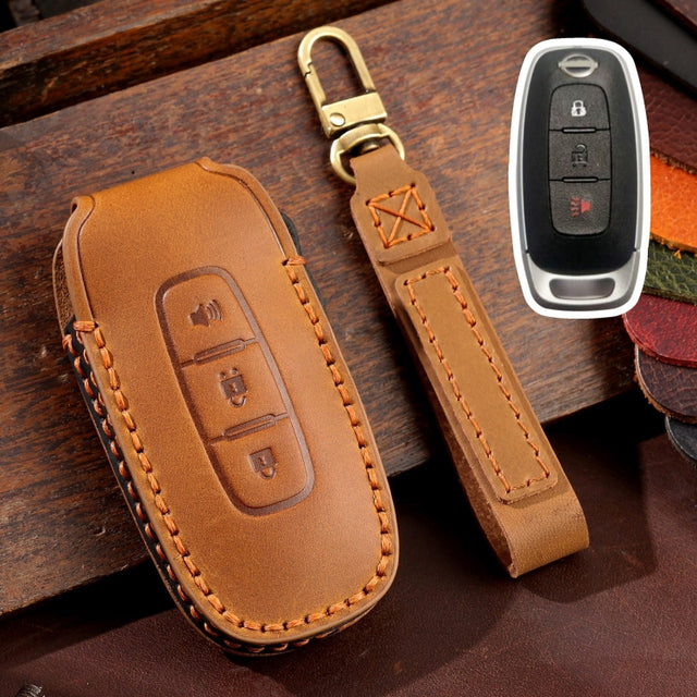 For Nissan Teana / Ariya 3-button Horn Hallmo Car Cowhide Leather Key Protective Cover Key Case(Brown)