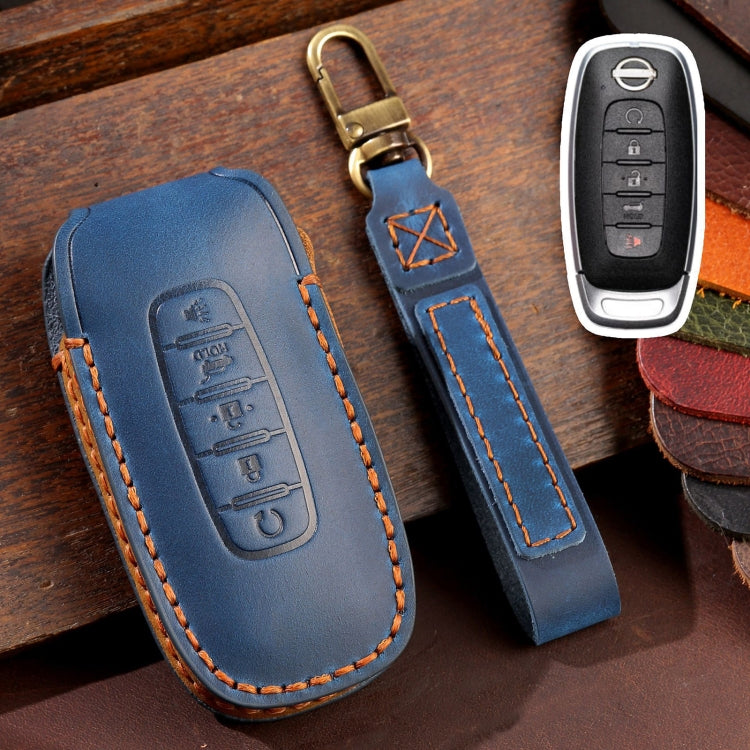 For Nissan Teana / Ariya 5-button Start Hallmo Car Cowhide Leather Key Protective Cover Key Case(Blue)