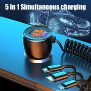 Ozio HX06 151W Type-C + USB Dual Port Car Charger with 3 in 1 Spring Data Cable