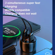 Ozio HX06 151W Type-C + USB Dual Port Car Charger with 3 in 1 Spring Data Cable