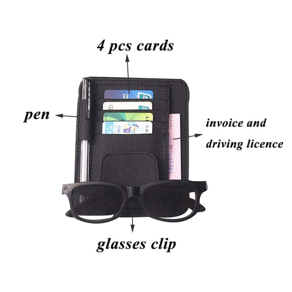 Multifunctional Car Litchi Pattern Glasses Holder Sun Visor Bill Holder (Black)