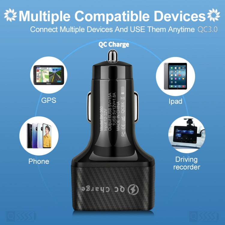BK-360 6 in 1 QC3.0+3.1A USB luminescent Car Charger (White)