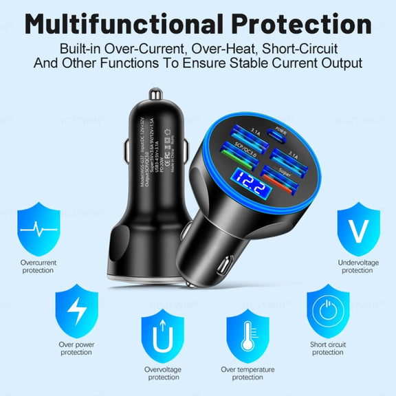 WGS-G37 5 in 1 Digital Display Super Fast Charging Car Charger with Voltmeter (Black)