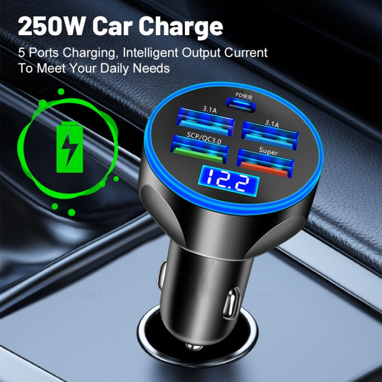 WGS-G37 5 in 1 Digital Display Super Fast Charging Car Charger with Voltmeter (Black)