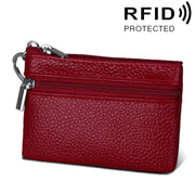 Cowhide Leather Zipper Solid Color Horizontal Card Holder Wallet RFID Blocking Coin Purse Card Bag Protect Case, Size: 11.4*7.4cm(Wine Red)