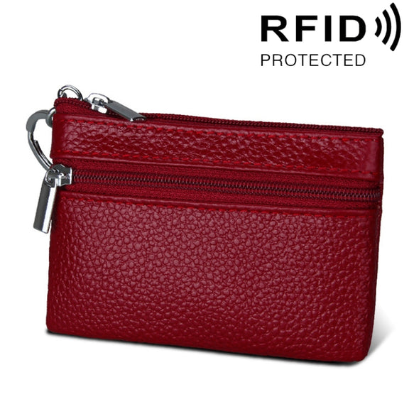 Cowhide Leather Zipper Solid Color Horizontal Card Holder Wallet RFID Blocking Coin Purse Card Bag Protect Case, Size: 11.4*7.4cm(Wine Red)