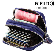 Genuine Leather Dual Layer Zipper Card Holder Wallet RFID Blocking Purse, Size: 10.5x7.0x4.0cm(Dark Blue)