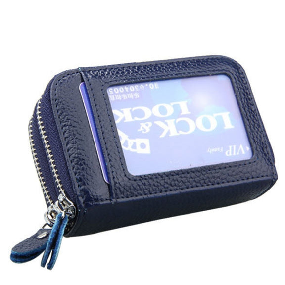 Genuine Leather Dual Layer Zipper Card Holder Wallet RFID Blocking Purse, Size: 10.5x7.0x4.0cm(Dark Blue)