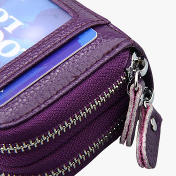 Genuine Leather Dual Layer Zipper Card Holder Wallet RFID Blocking Purse, Size: 10.5x7.0x4.0cm(Dark Blue)