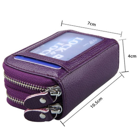 Genuine Leather Dual Layer Zipper Card Holder Wallet RFID Blocking Purse, Size: 10.5x7.0x4.0cm(Dark Blue)