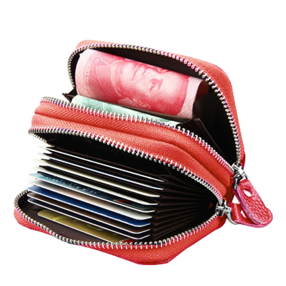 Genuine Leather Dual Layer Zipper Card Holder Wallet RFID Blocking Purse, Size: 10.5x7.0x4.0cm(Red)