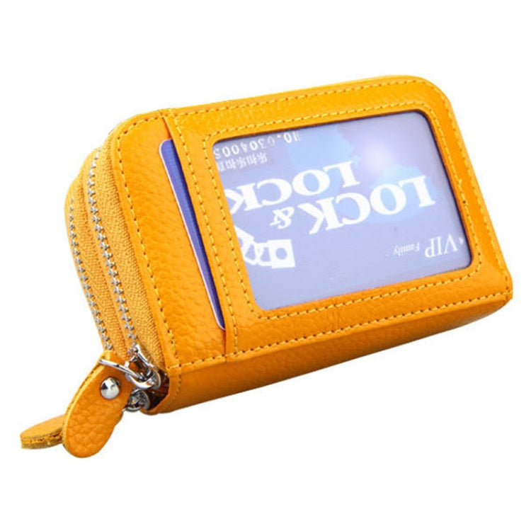 Genuine Leather Dual Layer Zipper Card Holder Wallet RFID Blocking Purse, Size: 10.5x7.0x4.0cm(Yellow)