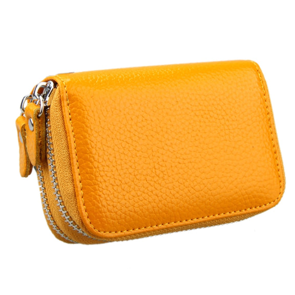 Genuine Leather Dual Layer Zipper Card Holder Wallet RFID Blocking Purse, Size: 10.5x7.0x4.0cm(Yellow)