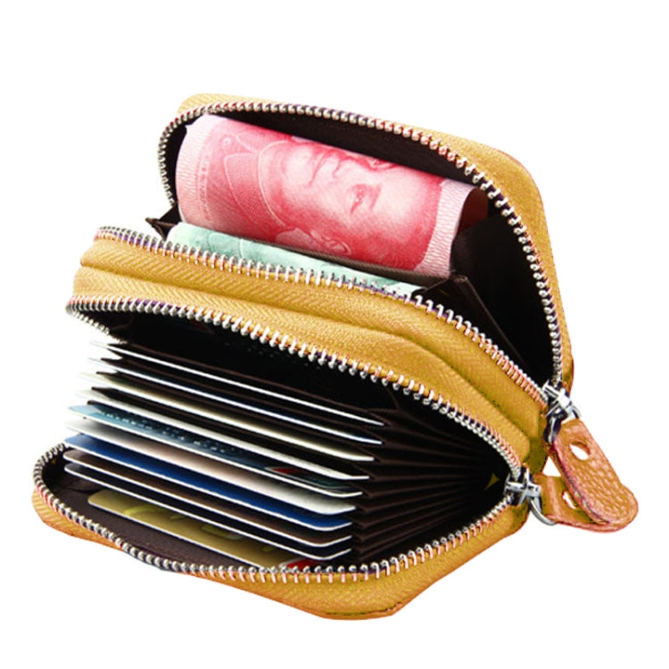 Genuine Leather Dual Layer Zipper Card Holder Wallet RFID Blocking Purse, Size: 10.5x7.0x4.0cm(Yellow)