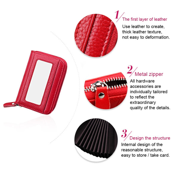 Genuine Cowhide Leather Solid Color Zipper Horizontal Card Holder Wallet RFID Blocking Card Bag Protect Case with 12 Card Slots, Size: 11.5*7.5cm(Magenta)