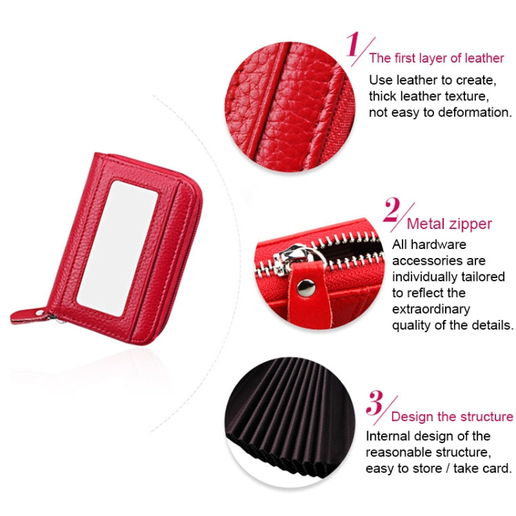 Genuine Cowhide Leather Solid Color Zipper Horizontal Card Holder Wallet RFID Blocking Card Bag Protect Case with 12 Card Slots, Size: 11.5*7.5cm(Red)