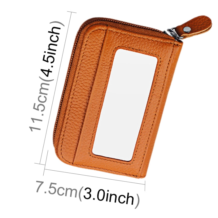 Genuine Cowhide Leather Solid Color Zipper Horizontal Card Holder Wallet RFID Blocking Card Bag Protect Case with 12 Card Slots, Size: 11.5*7.5cm(Brown)