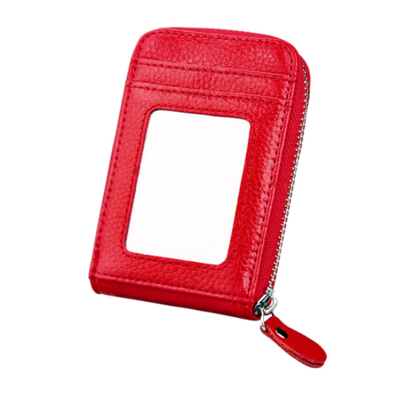 Genuine Cowhide Leather Solid Color Zipper Vertical Card Holder Wallet RFID Blocking Card Bag Protect Case with 12 Card Slots, Size: 11.5*7.5cm(Red)