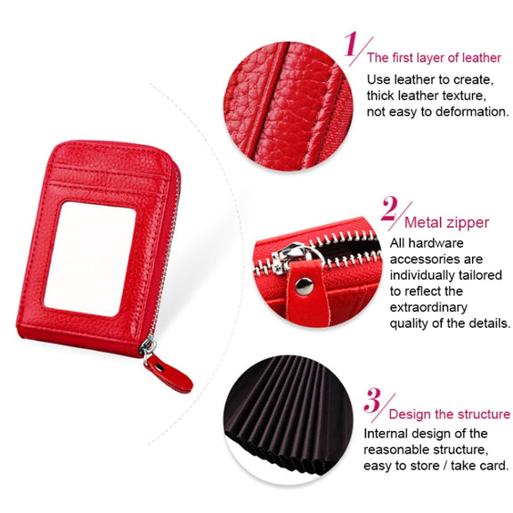 Genuine Cowhide Leather Solid Color Zipper Vertical Card Holder Wallet RFID Blocking Card Bag Protect Case with 12 Card Slots, Size: 11.5*7.5cm(Red)