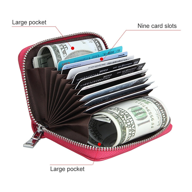 KB205 Antimagnetic RFID Litchi Texture Leather Zipper Large-capacity Card Holder Wallet(Rose Red)