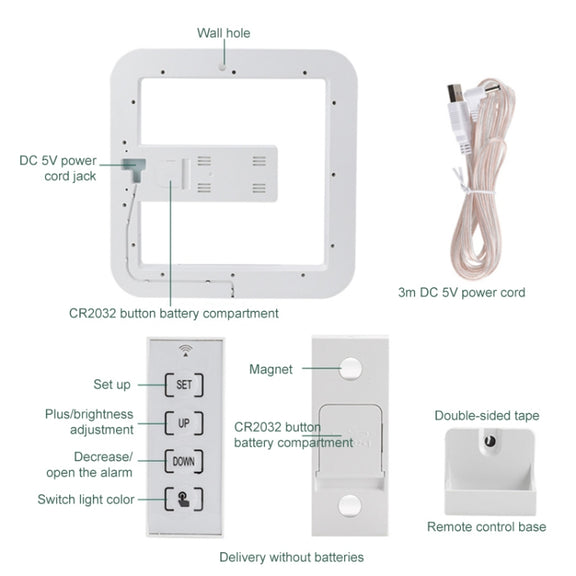 TS-S28-W Multifunctional Square RGB Thermometer Digital Alarm Clock LED Mirror Hollow Wall Clock