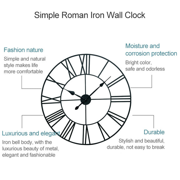 40cm Retro Living Room Iron Round Roman Numeral Mute Decorative Wall Clock (Silver)