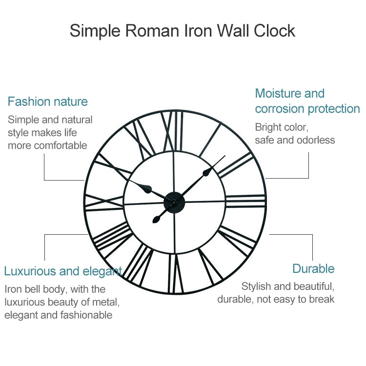 40cm Retro Living Room Iron Round Roman Numeral Mute Decorative Wall Clock (Silver)
