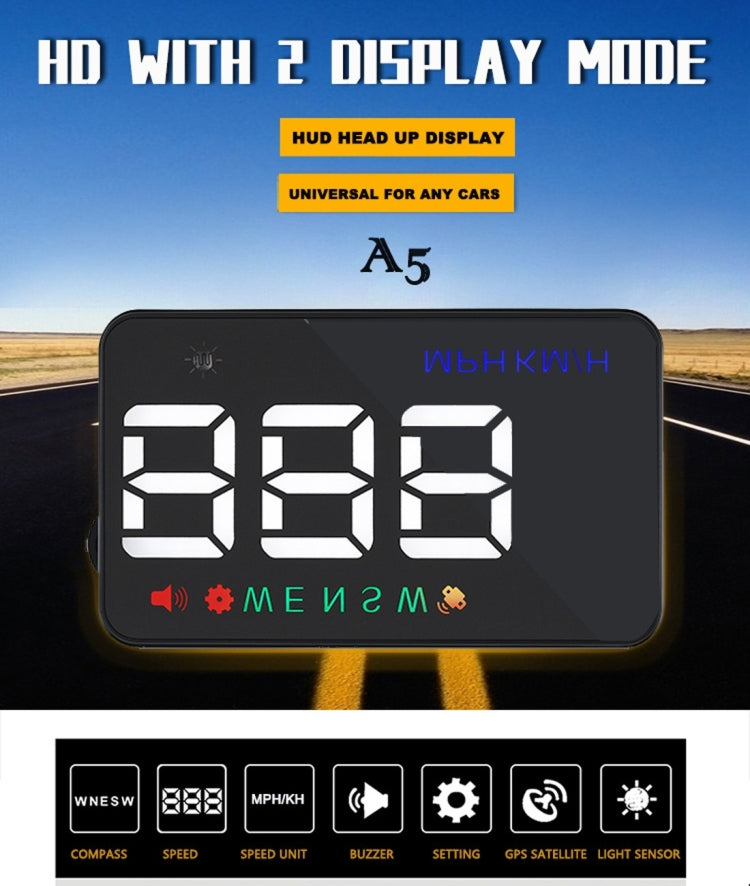 Geyiren A5 HUD 3.5 inch Car Head Up Display with GPS System, Two Mode Display, Light Sensors, KM/h MPH Speed, Compass, Speed Alarm(Black)