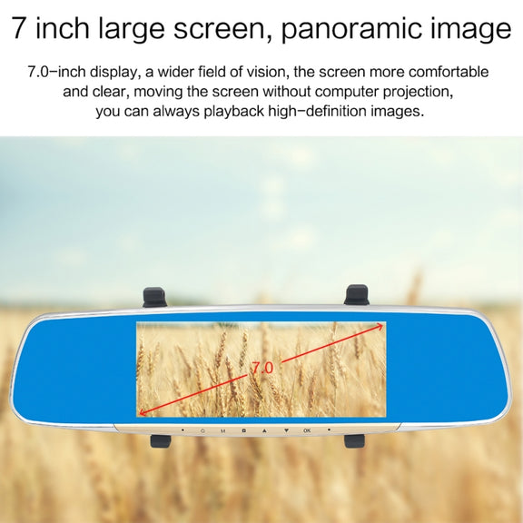 V100 7 inch LCD Touch Screen Rear View Mirror Car Recorder with Separate Camera, 170 Degree Wide Angle Viewing, Support Night Vision / Loop Video / Motion Detection / G-Sensor / TF Card