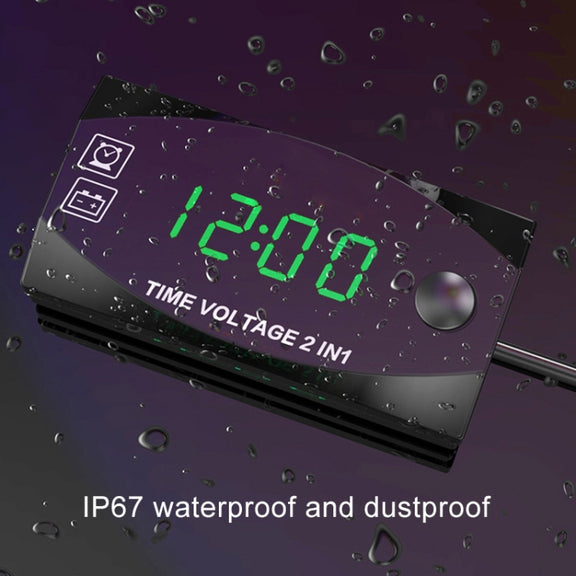 Motorcycle Multi-functional 2 in 1 Digital Display Voltmeter + Electronic Clock, 6-30V IP67 (Green Light)