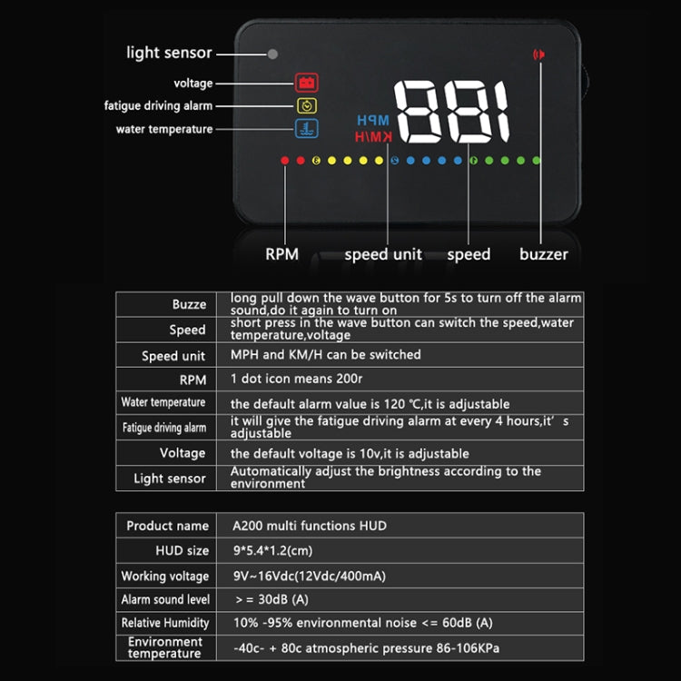 A200 OBD2 3.5 inch Vehicle-mounted Head Up Display Security System, Support Car Speed / Engine Revolving Speed Display / Water Temperature / Voltage