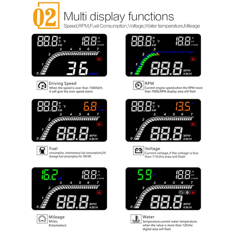 T100 OBD2 4 inch Vehicle-mounted Head Up Display Security System, Support Car Speed / Engine Revolving Speed Display / Instantaneous Fuel Consumption / Detection and Elimination Fault Code