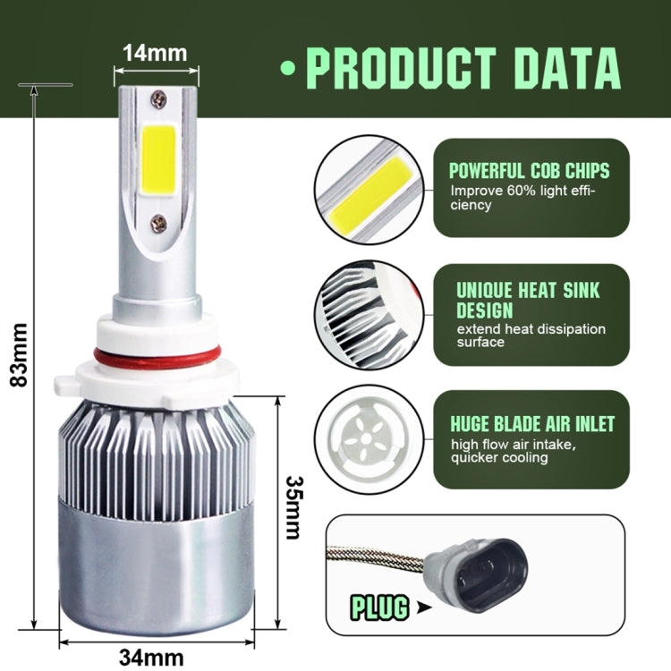 2 PCS C9 9006 18W 1800LM 6000K Water-resistant IP68 Car Auto LED Headlight with 2 COB LED Lamps, DC 9-36V(White Light)