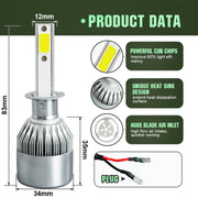 2pcs H1 18W 1800LM 6000K Water-resistant IP68 Car Auto LED Headlight with 2 COB LED Lamps, DC 9-36V(White Light)