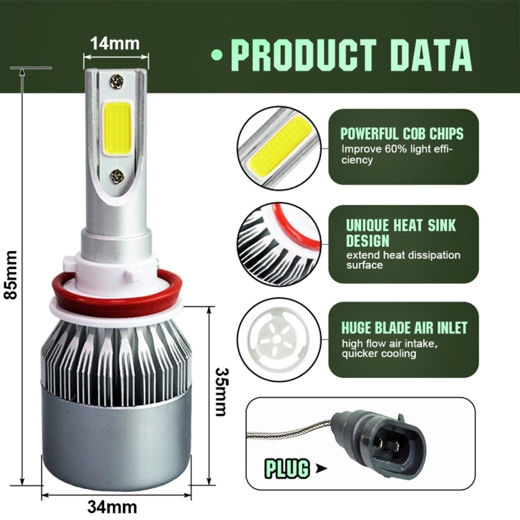 2pcs H8/H11 18W 1800LM 6000K Water-resistant IP68 Car Auto LED Headlight with 2 COB LED Lamps, DC 9-36V(White Light)