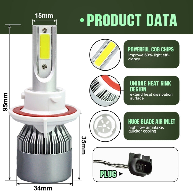 2pcs H13 18W 1800LM 6000K Water-resistant IP68 Car Auto LED Headlight with 2 COB LED Lamps, DC 9-36V(White Light)