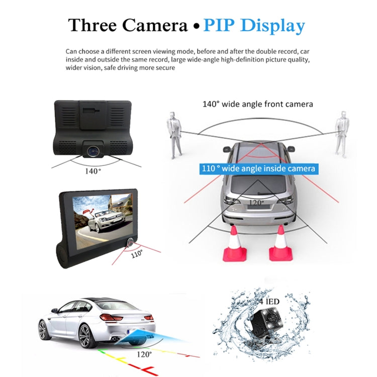 4.0 inch IPS Screen 5.0 Mega Pixels 170 Degrees Wide Angle Full HD 1080P 3 Channels Video Car DVR, Support Night Vision Fill Light / Reversing Visual / TF Card(32GB Max) / G-sensor / Motion Detection
