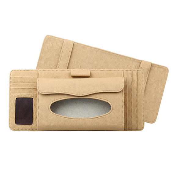 DERANFU 3 In 1 Lichee Texture Multi-function Car Hang Type Leather Towel Box with Card Slot & CD Slot(Beige)