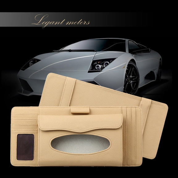 DERANFU 3 In 1 Lichee Texture Multi-function Car Hang Type Leather Towel Box with Card Slot & CD Slot(Beige)